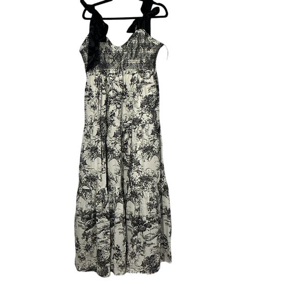Davi & Dani Black Cream Toile Tiered Ribbon Shoulder Tie Maxi Dress Size Large - Picture 2 of 14